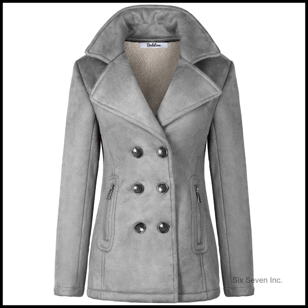 Fitted Long Sleeve Polyester Lining Soft Suede Pea Coat With Sherpa Lining